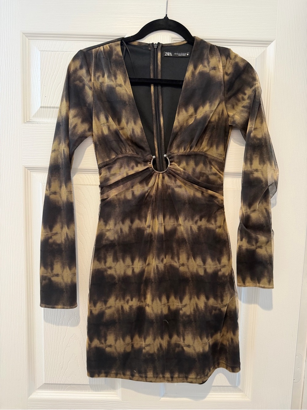 Zara Olive and Black Tie-Dye Ring-Front Mini Dress